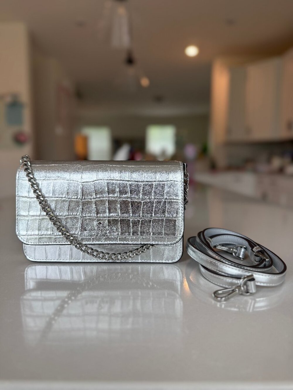 Kate Spade Madison Croc Embossed Silver Leather Flap Crossbody KN222 NWT $329